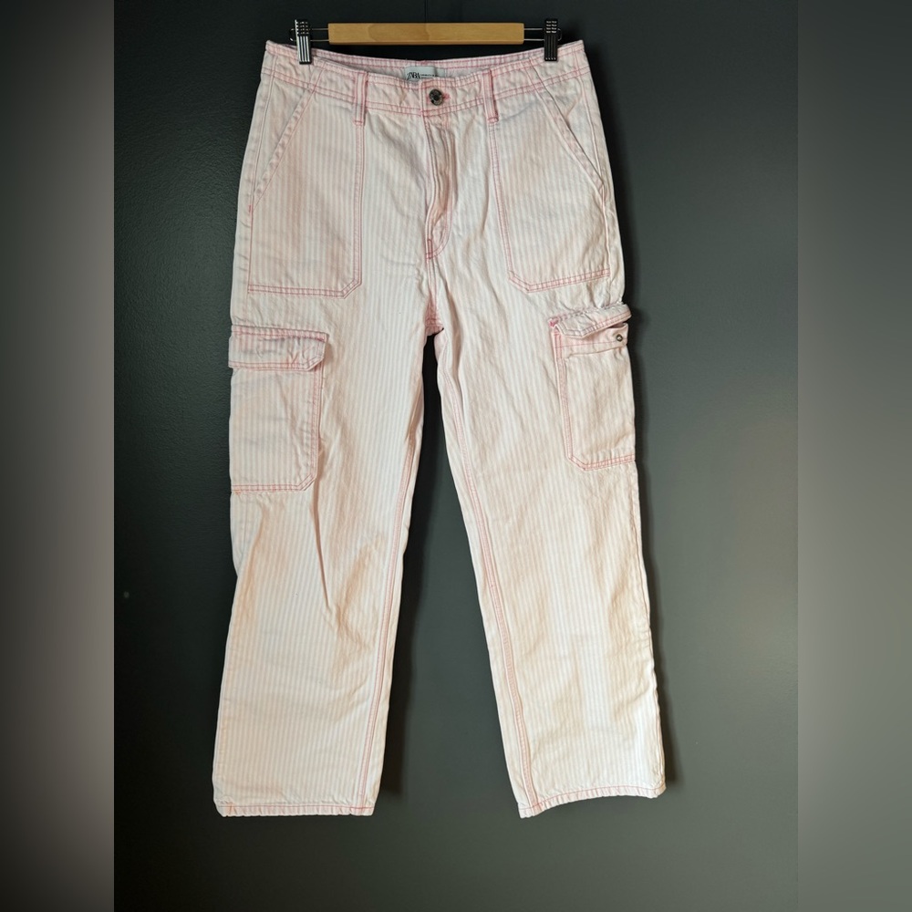 Zara Pink and White Strips Cargo Pants Sz. 8